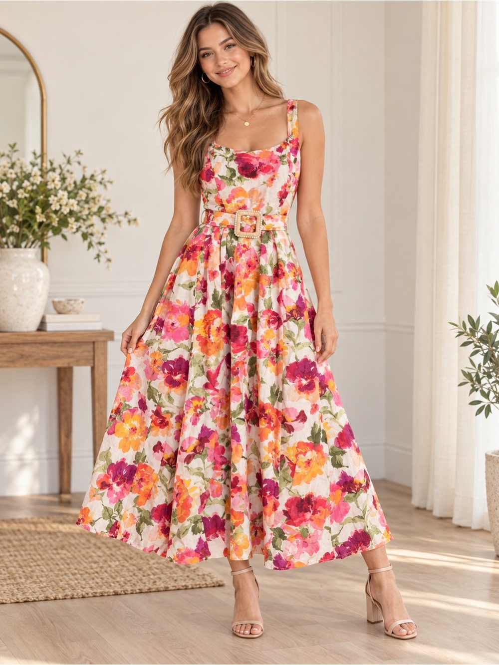 June & Hudson Floral Belted Maxi Dress – Size M